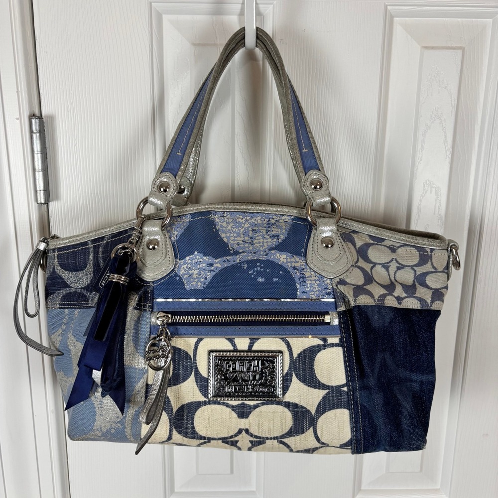 Coach Poppy Storybook Patchwork Satchel Blue Denim Silver Metallic 16732 Handbag
